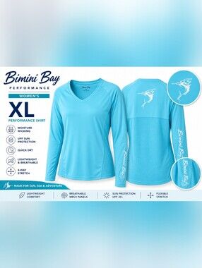 Bimini Bay Performance Fishing Shirt Aqua Blue Long Sleeve Size XL
